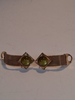 Gold Tone Cuff Links W/ Olive Green Stone